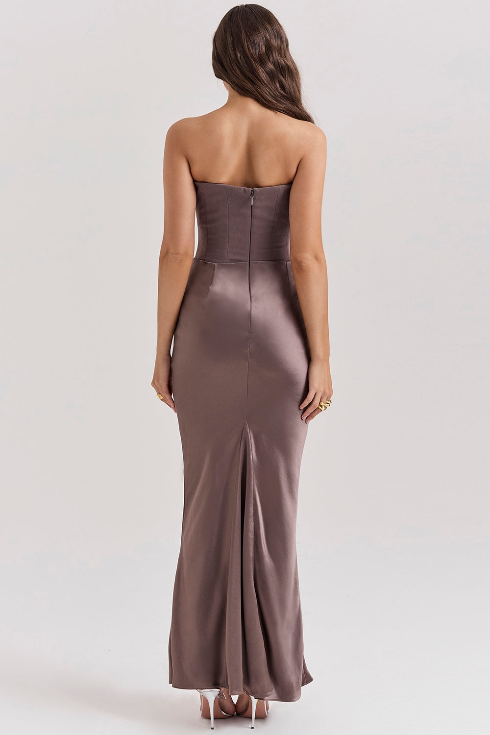 smoke strapless corset maxi dress