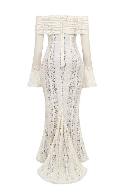 vintage cream floral lace off shoulder maxi dress
