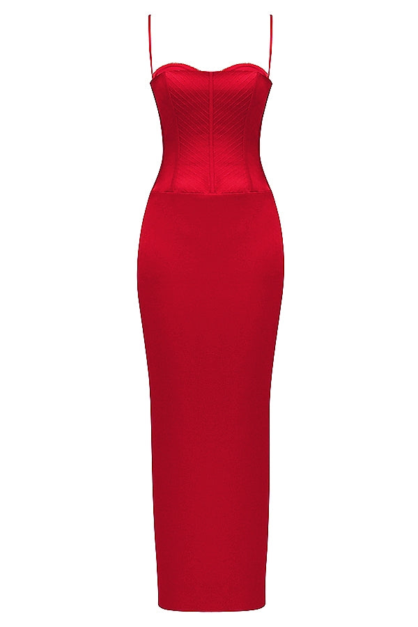 red satin corset maxi dress