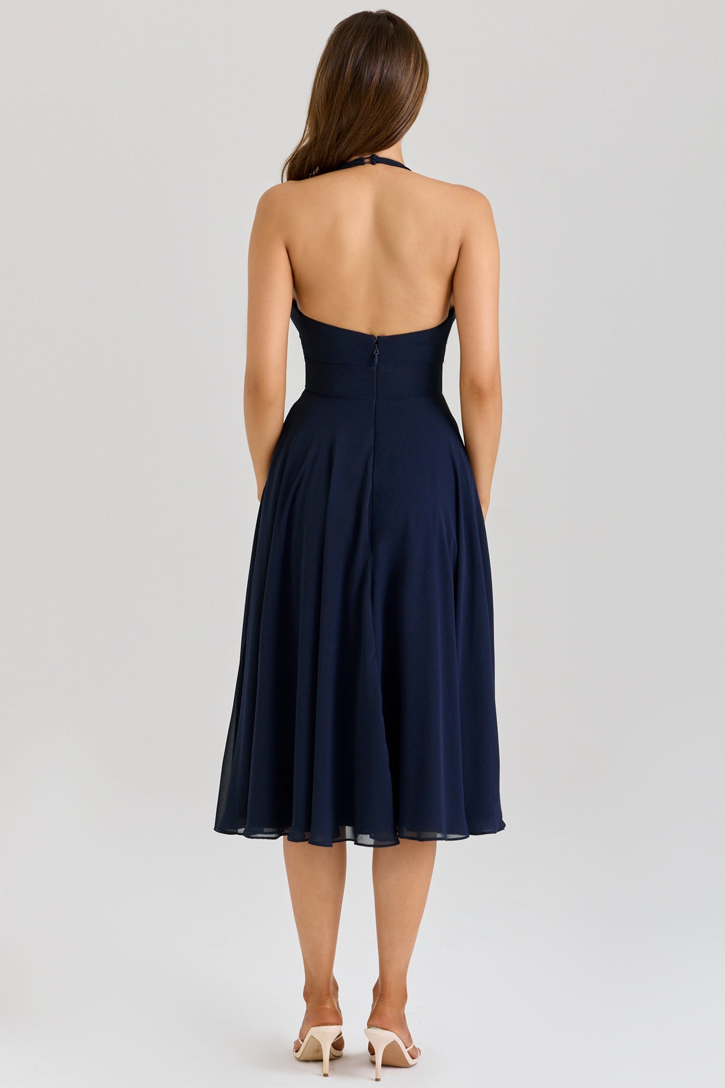 navy georgette halter midi dress