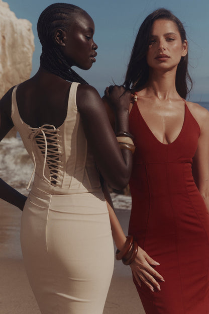 almond corset midi dress