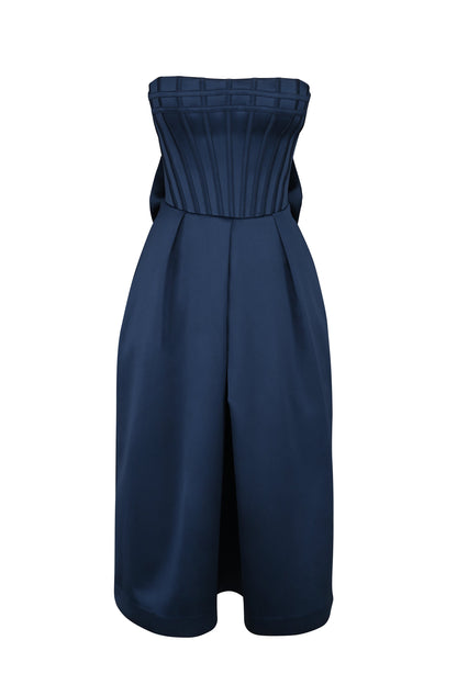 midnight blue strapless detachable bow midi dress