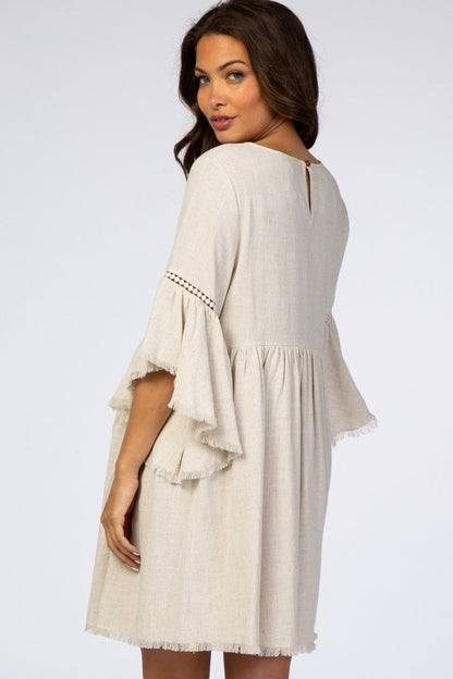 Beige Raw Edge Bell Sleeve Babydoll Maternity Dress