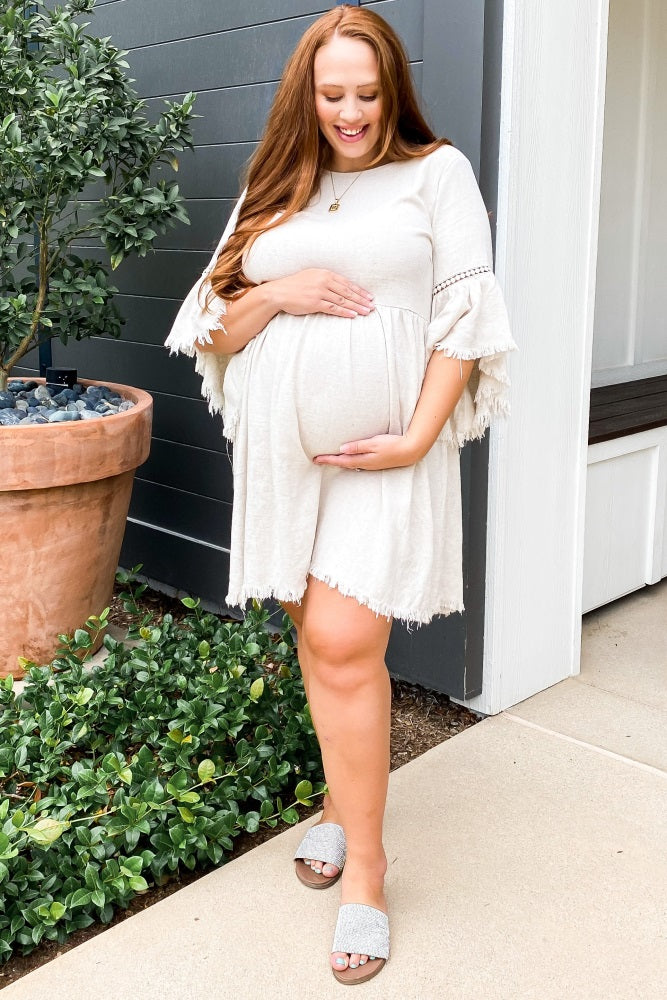 Beige Raw Edge Bell Sleeve Babydoll Maternity Dress