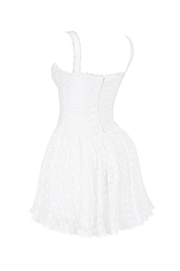 white cotton broderie anglais corset mini dress
