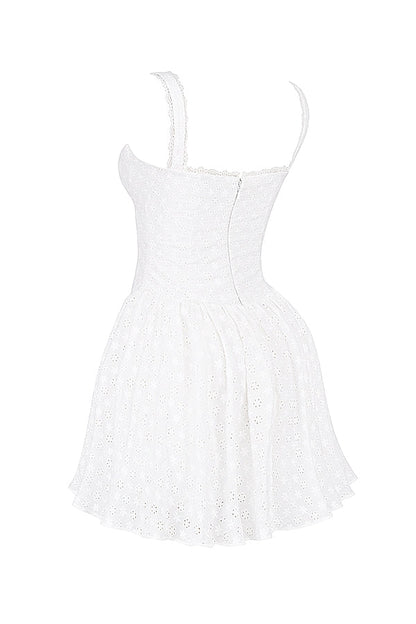 white cotton broderie anglais corset mini dress
