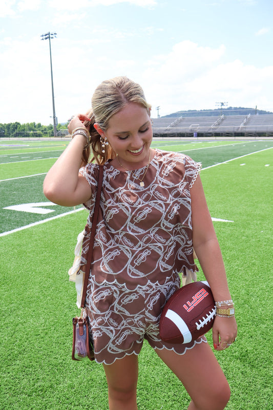 Brown Football Embroidered Top and Shorts Set