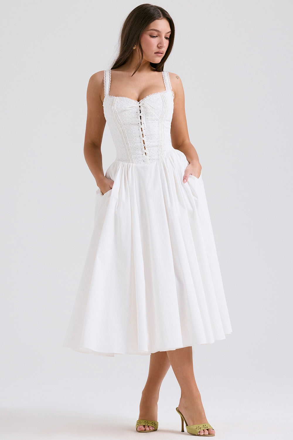 white broderie anglais & cotton midi dress