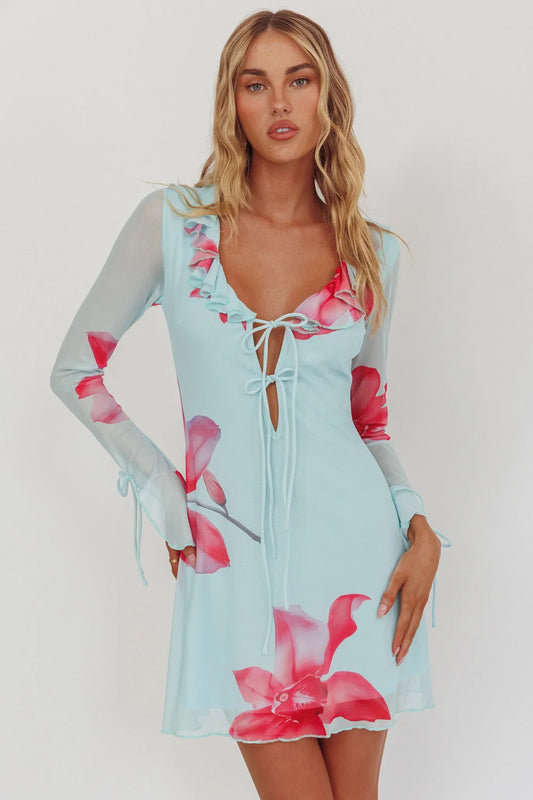 Sea Dreaming Ruffle Trim Mini Dress Floral Blue