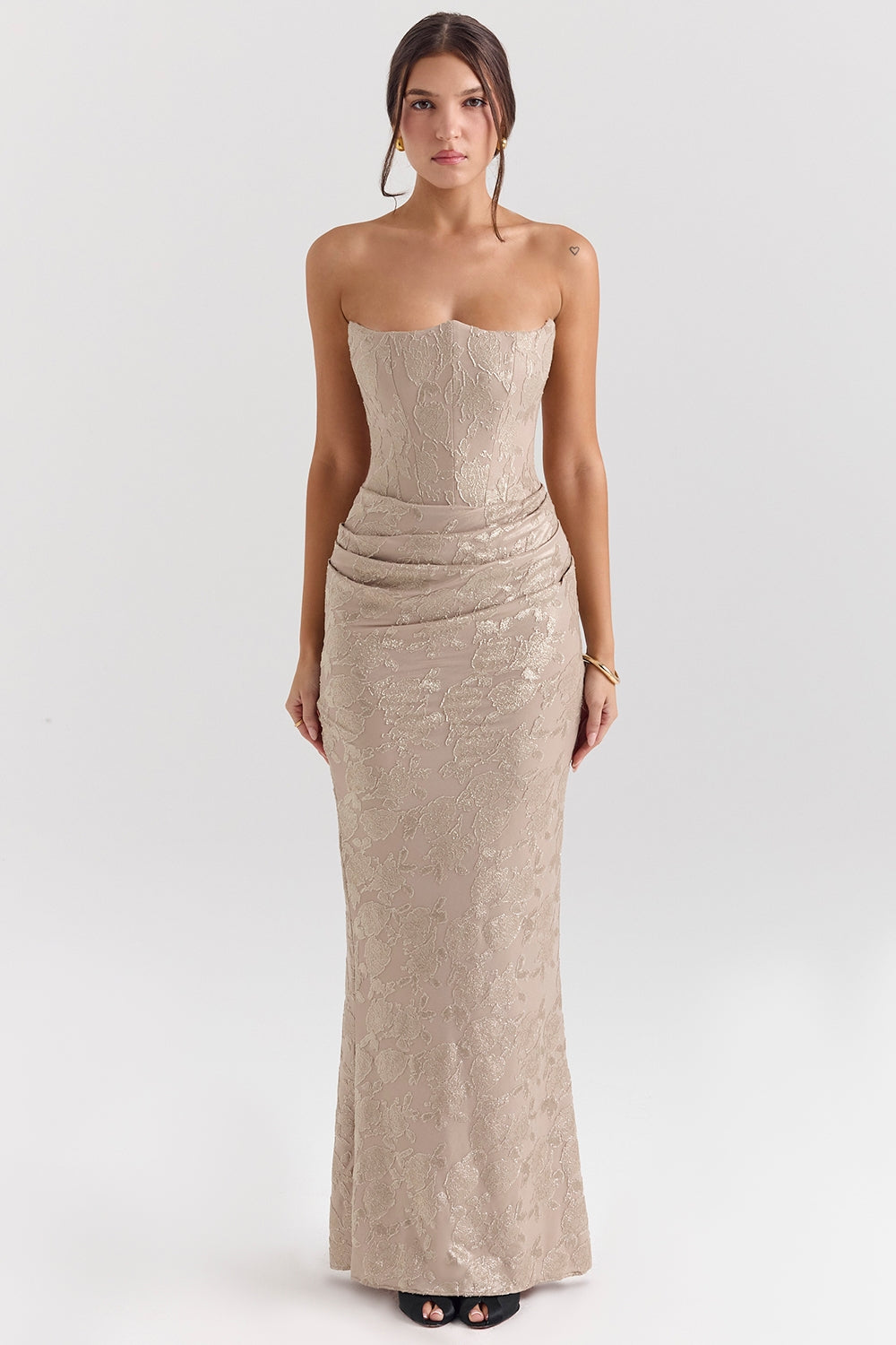 pale gold chiffon mesh strapless corset maxi dress