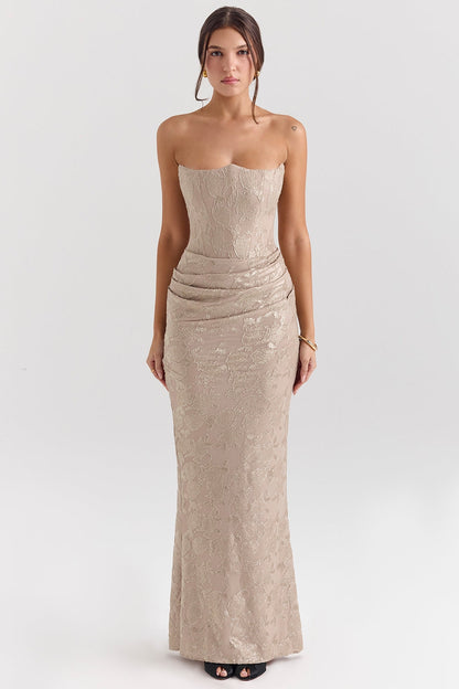 pale gold chiffon mesh strapless corset maxi dress