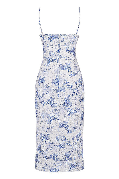 blue print corset midi dress