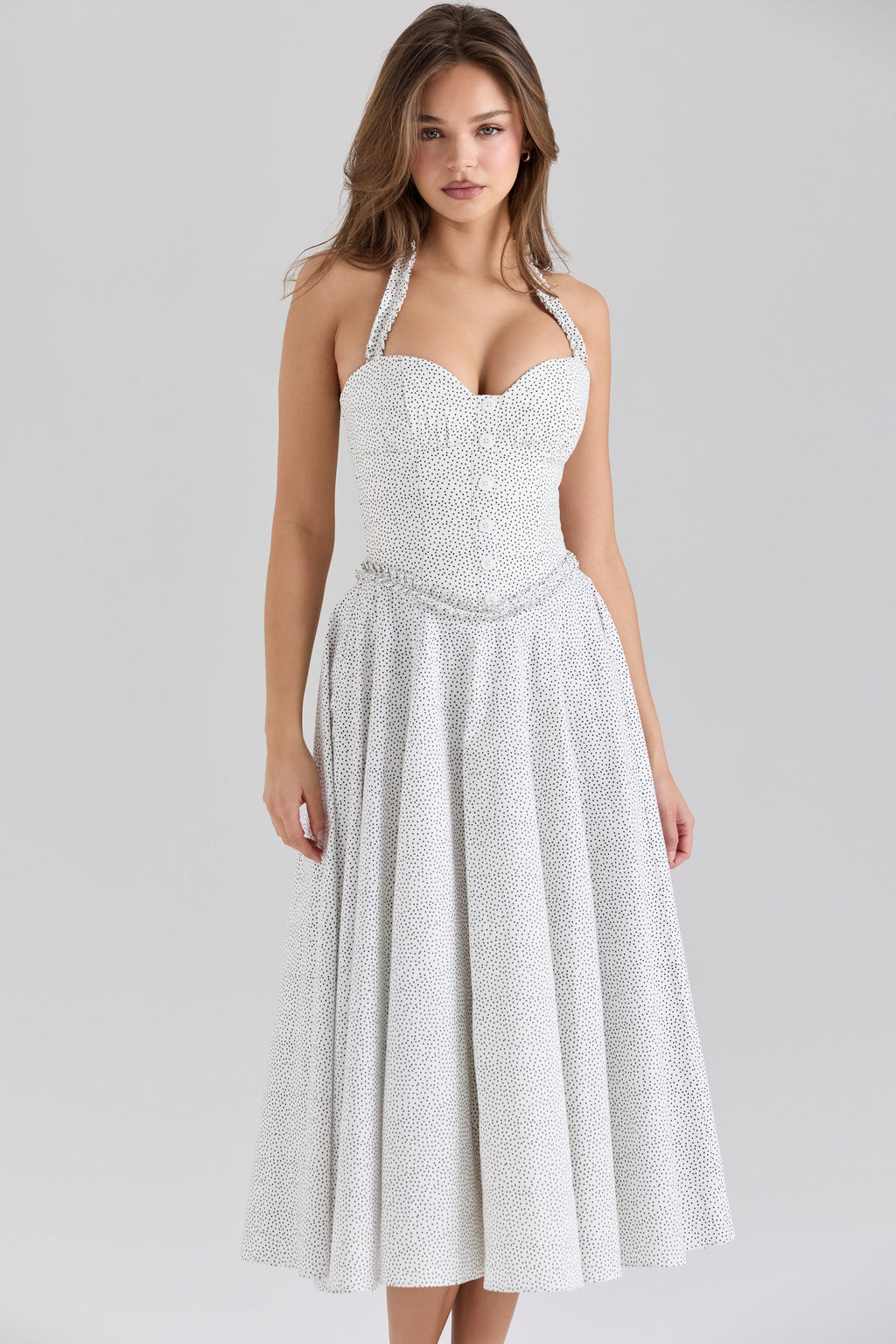 cotton halter neck polka dot print midi dress