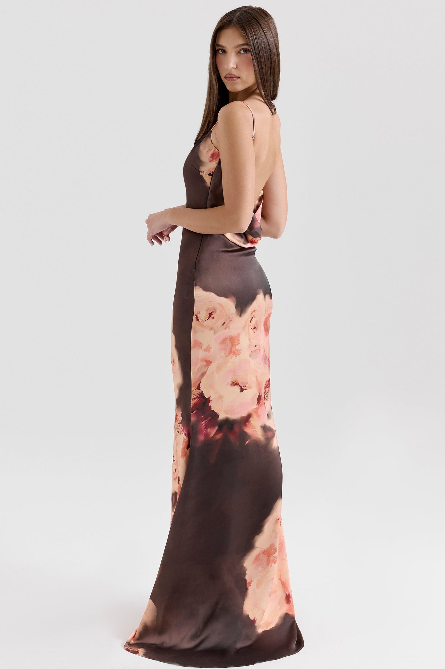 dark brown floral printed satin maxi dress