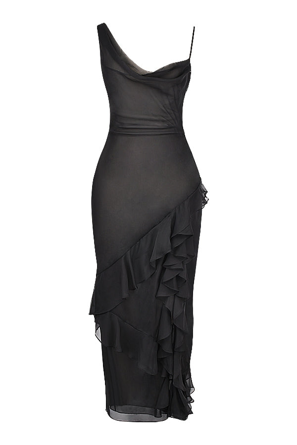 black ruffle maxi dress