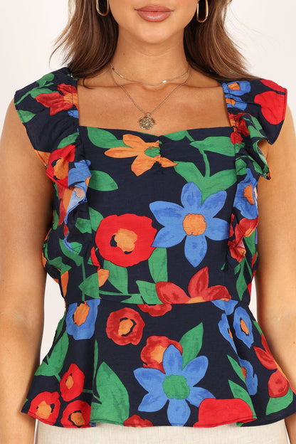 Patrice Frill Peplum Top - Navy Blue