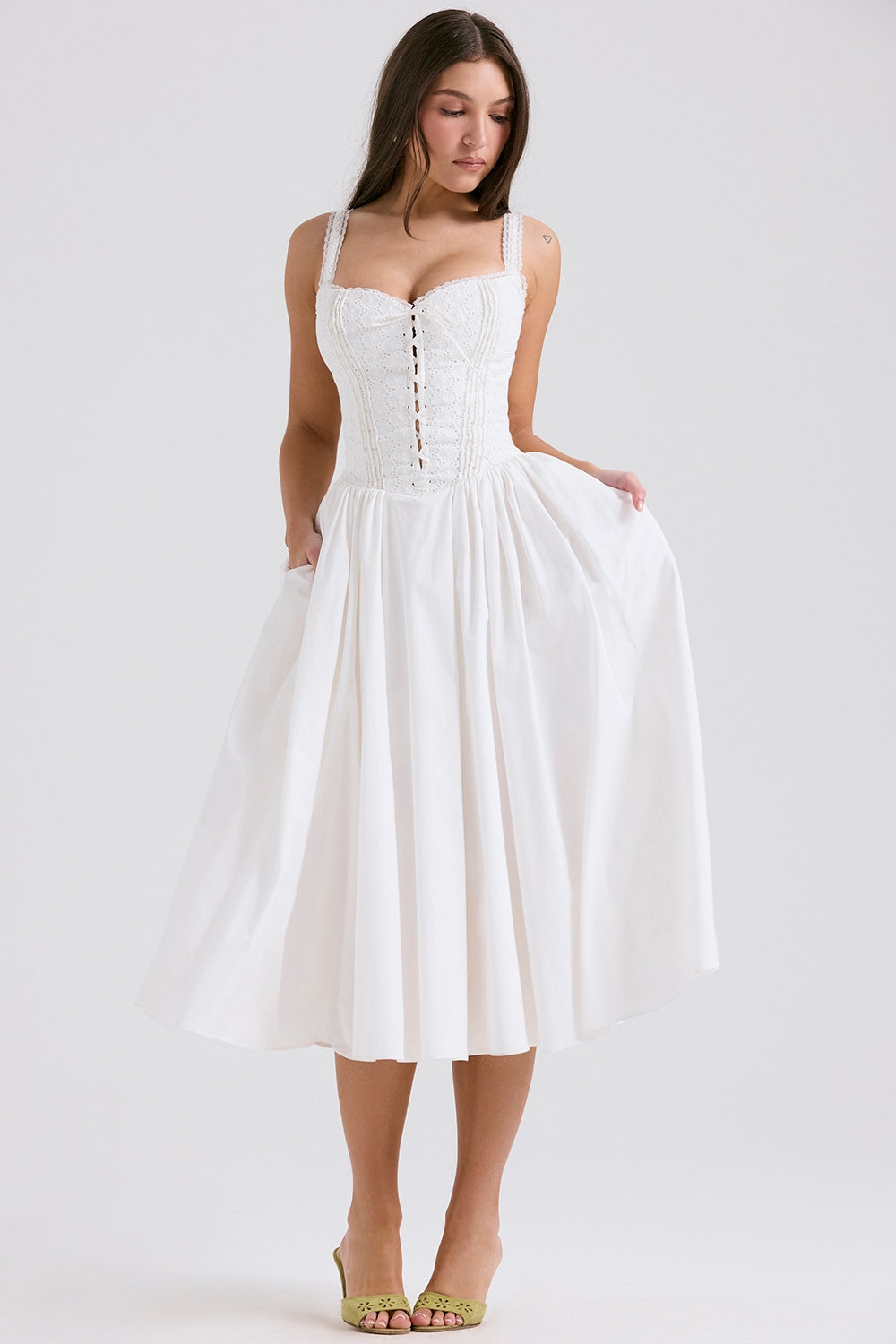 white broderie anglais & cotton midi dress
