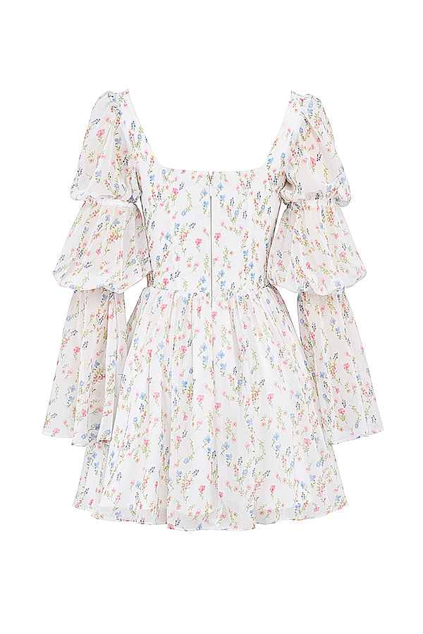 white posy print puff sleeve mini dress