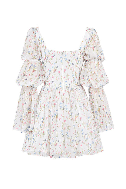 white posy print puff sleeve mini dress