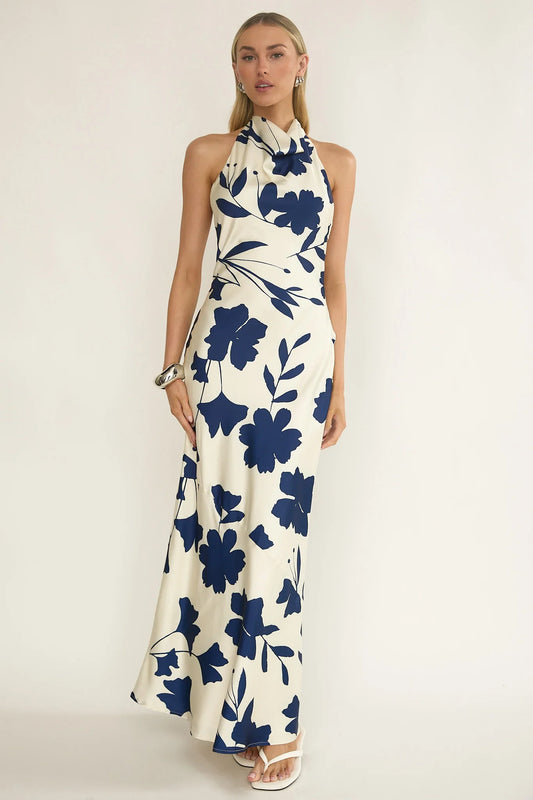 Elowis Cowl Halterneck Maxi Dress Floral Beige