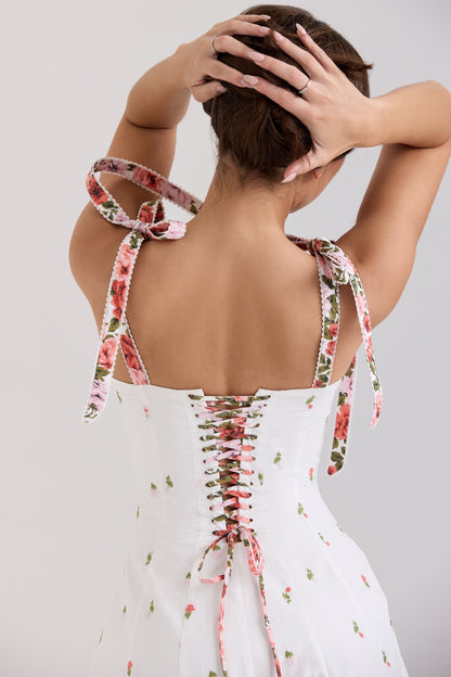 white floral print stretch cotton midi sundress