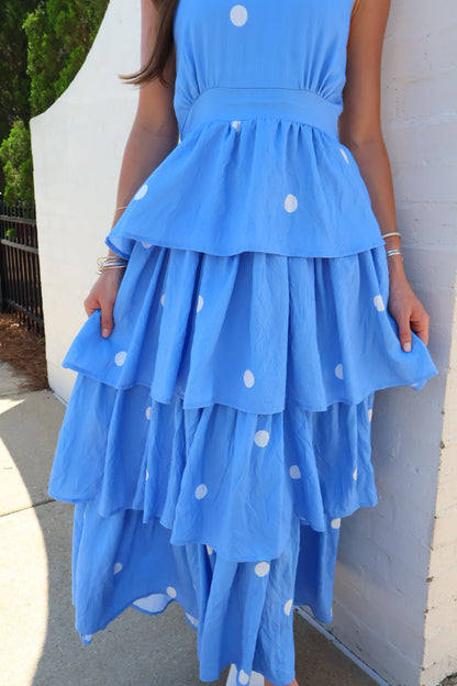 Blue Polka Dot Tiered Halter Midi Dress