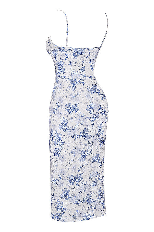 blue print corset midi dress
