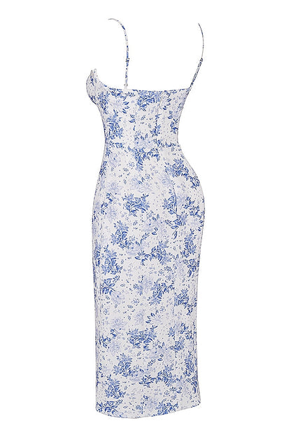blue print corset midi dress
