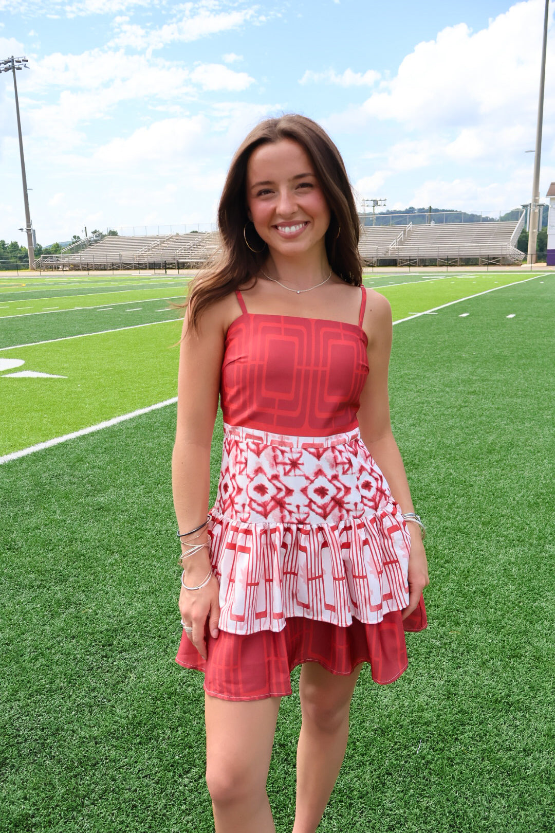 Maroon Abstract Print Tiered Mini Dress
