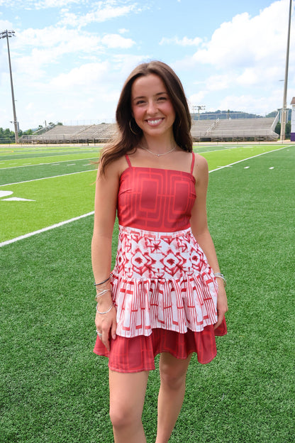 Maroon Abstract Print Tiered Mini Dress