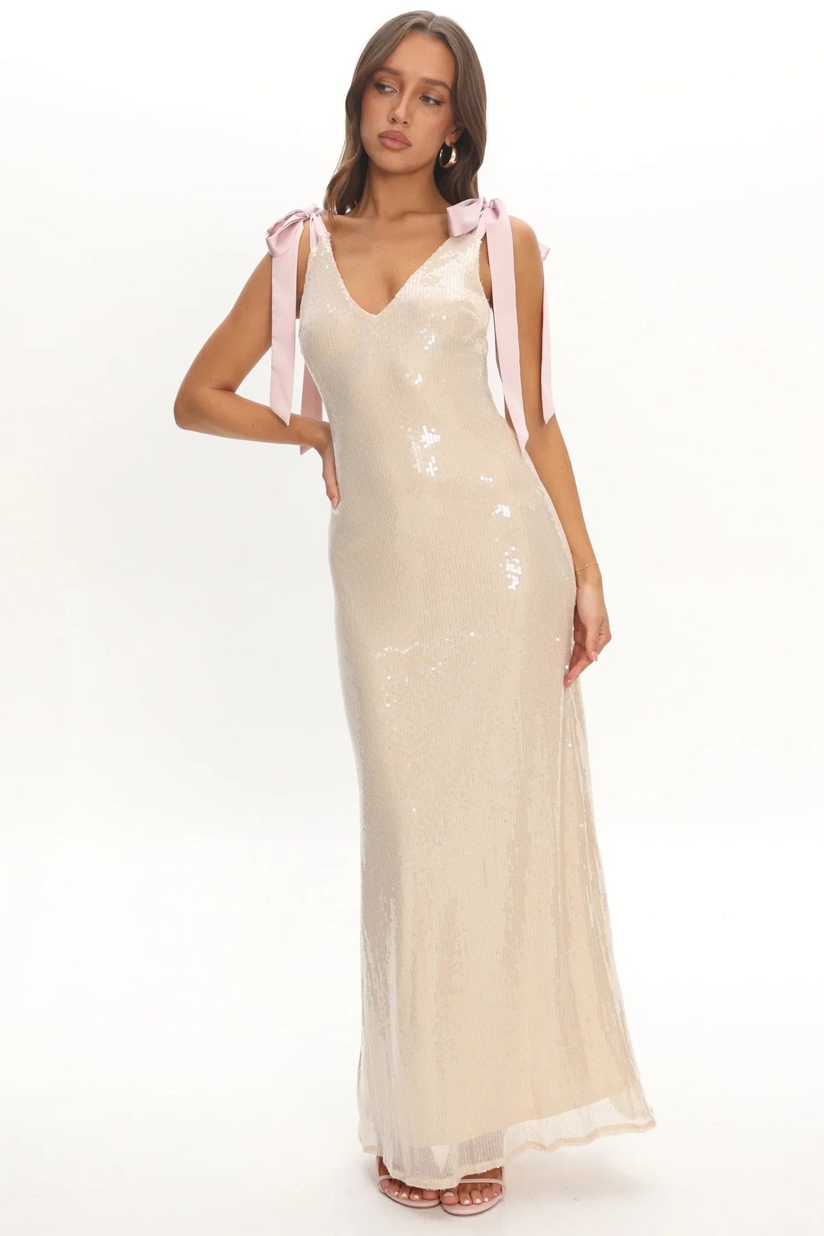 Bellamira Bow Shoulder Maxi Dress Sequin Champagne