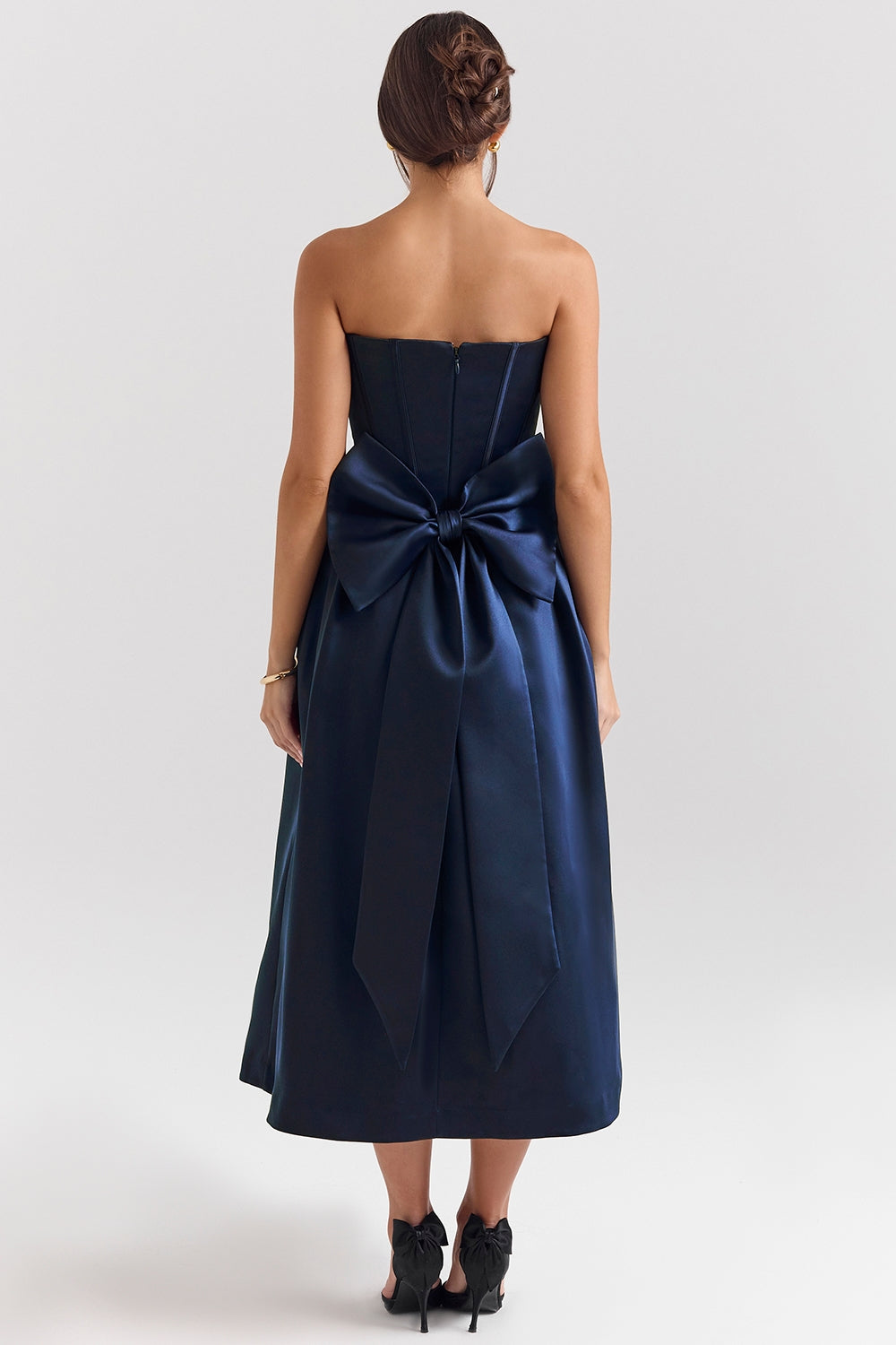 midnight blue strapless detachable bow midi dress