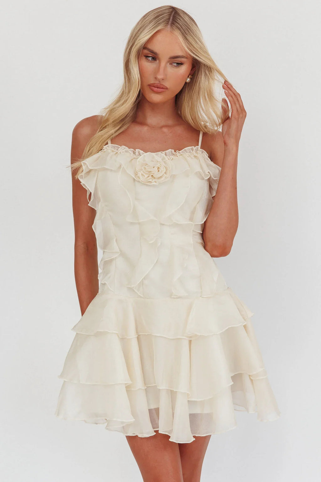 Sweetest Things Frill Trim Rosette Mini Dress Cream
