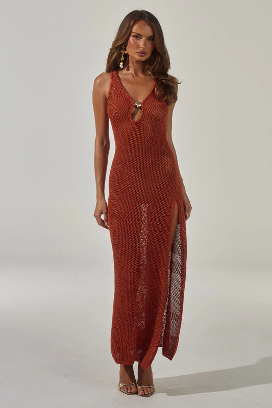 ARIYA SLEEVELESS KNIT MAXI DRESS - RUST METALLIC