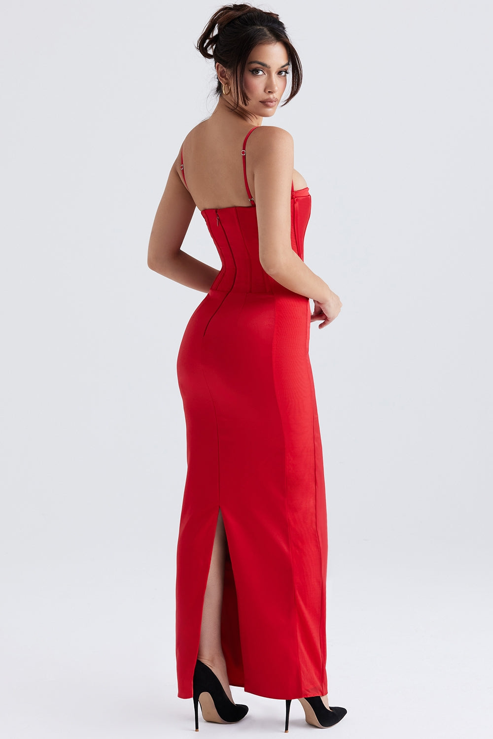 red satin corset maxi dress