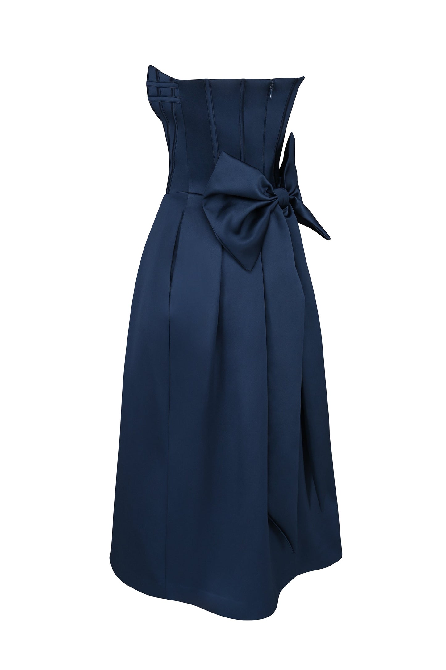 midnight blue strapless detachable bow midi dress