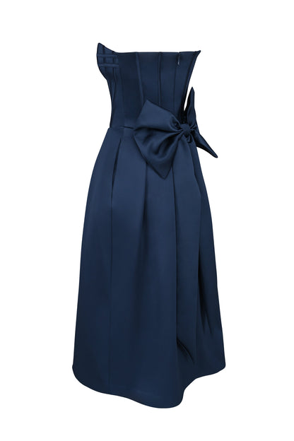 midnight blue strapless detachable bow midi dress