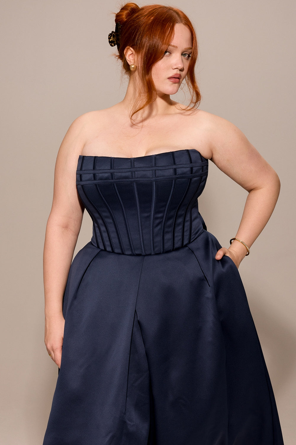 midnight blue strapless detachable bow midi dress