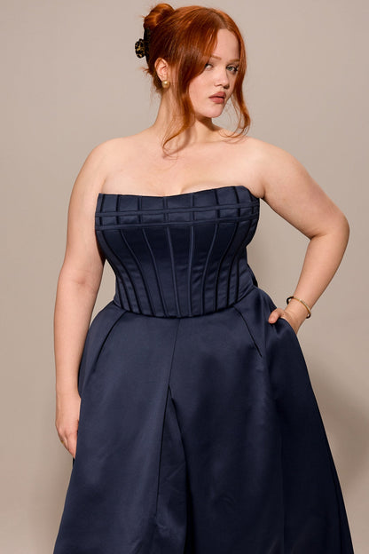 midnight blue strapless detachable bow midi dress
