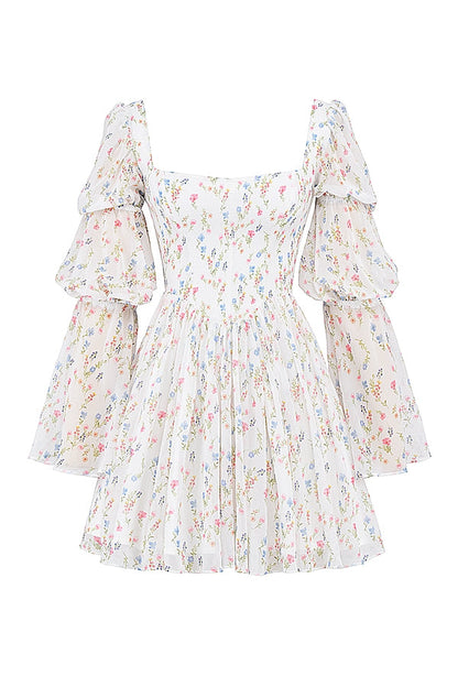 white posy print puff sleeve mini dress