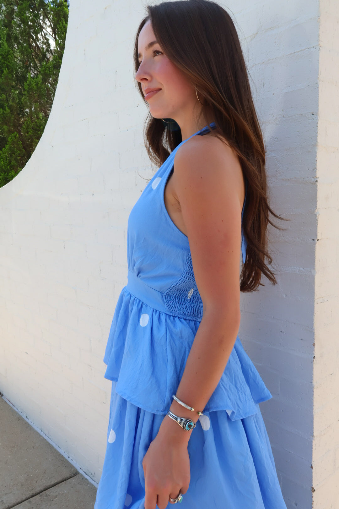 Blue Polka Dot Tiered Halter Midi Dress