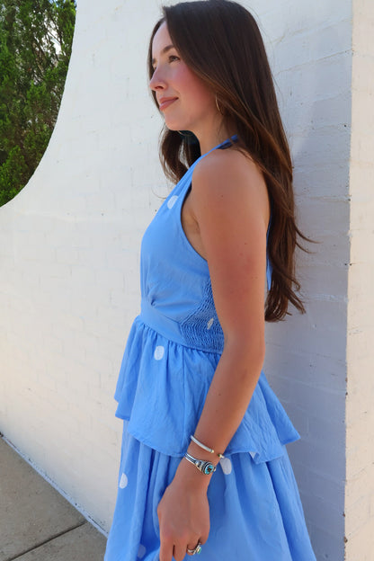 Blue Polka Dot Tiered Halter Midi Dress