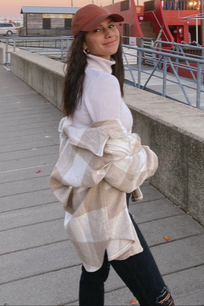 Beige Plaid Knit Shirt Jacket