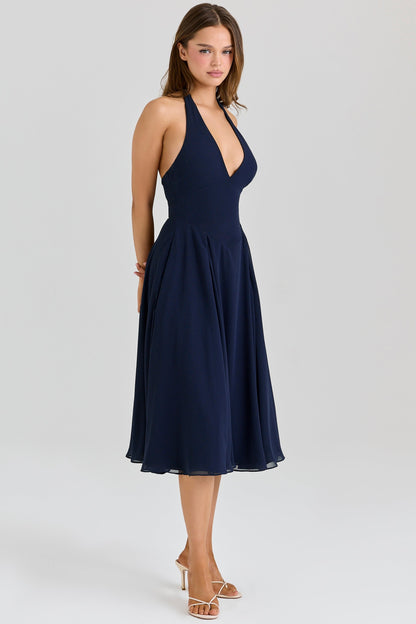 navy georgette halter midi dress