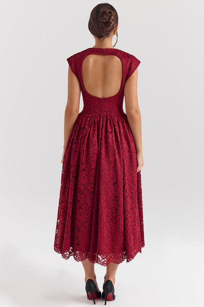 berry lace backless midi dress - sale
