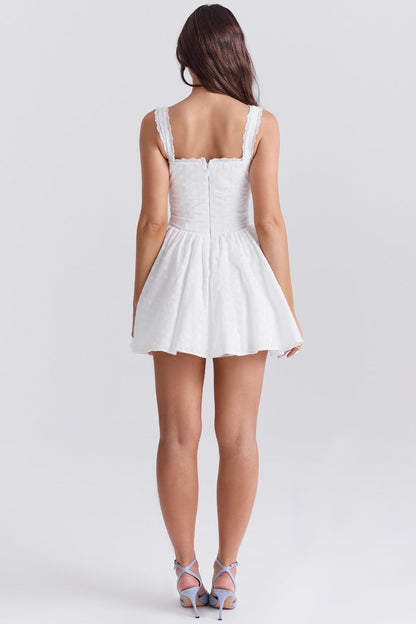 white cotton broderie anglais corset mini dress