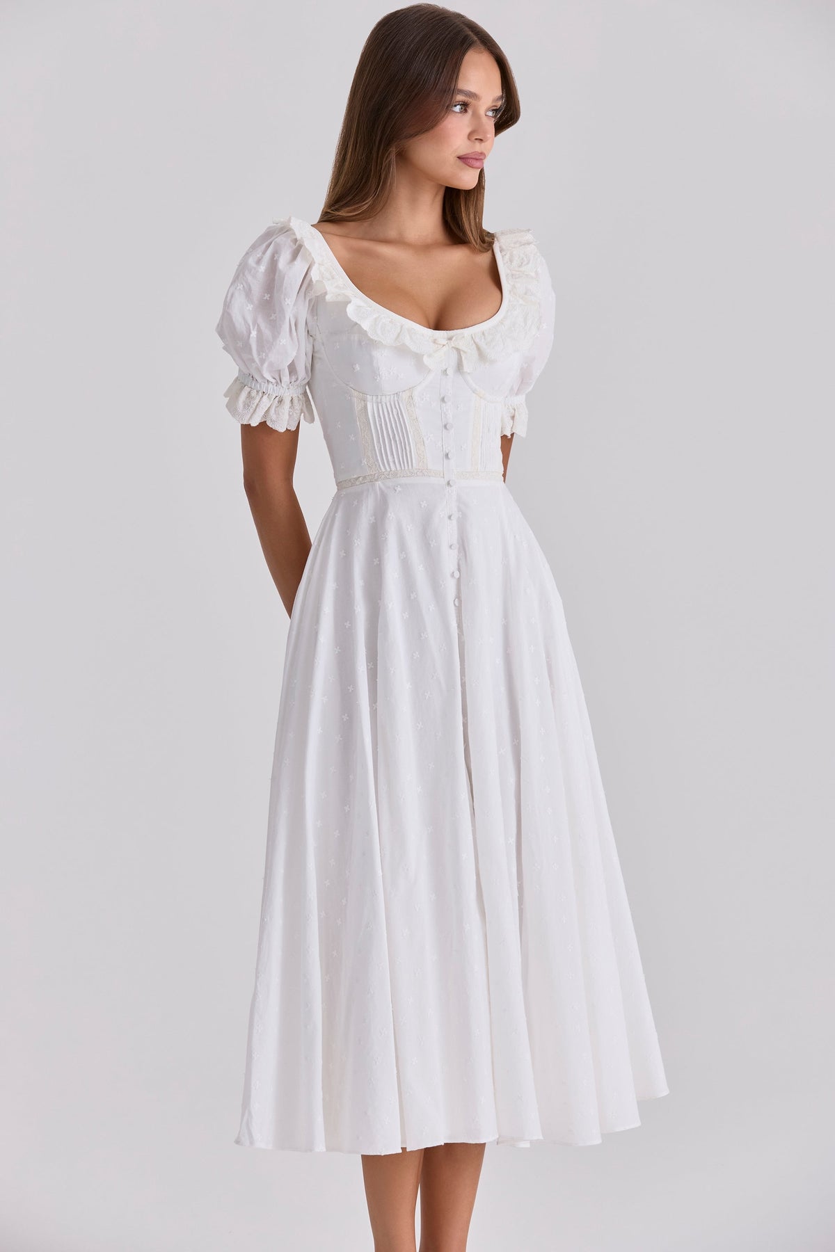 white broderie anglais babydoll midi dress