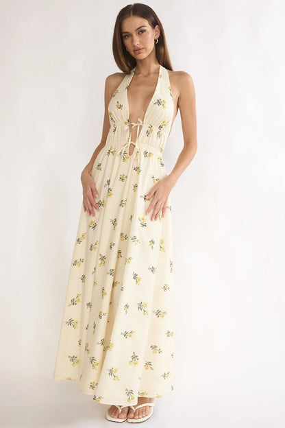 Under The Moons Tied Front Maxi Dress Floral Yellow