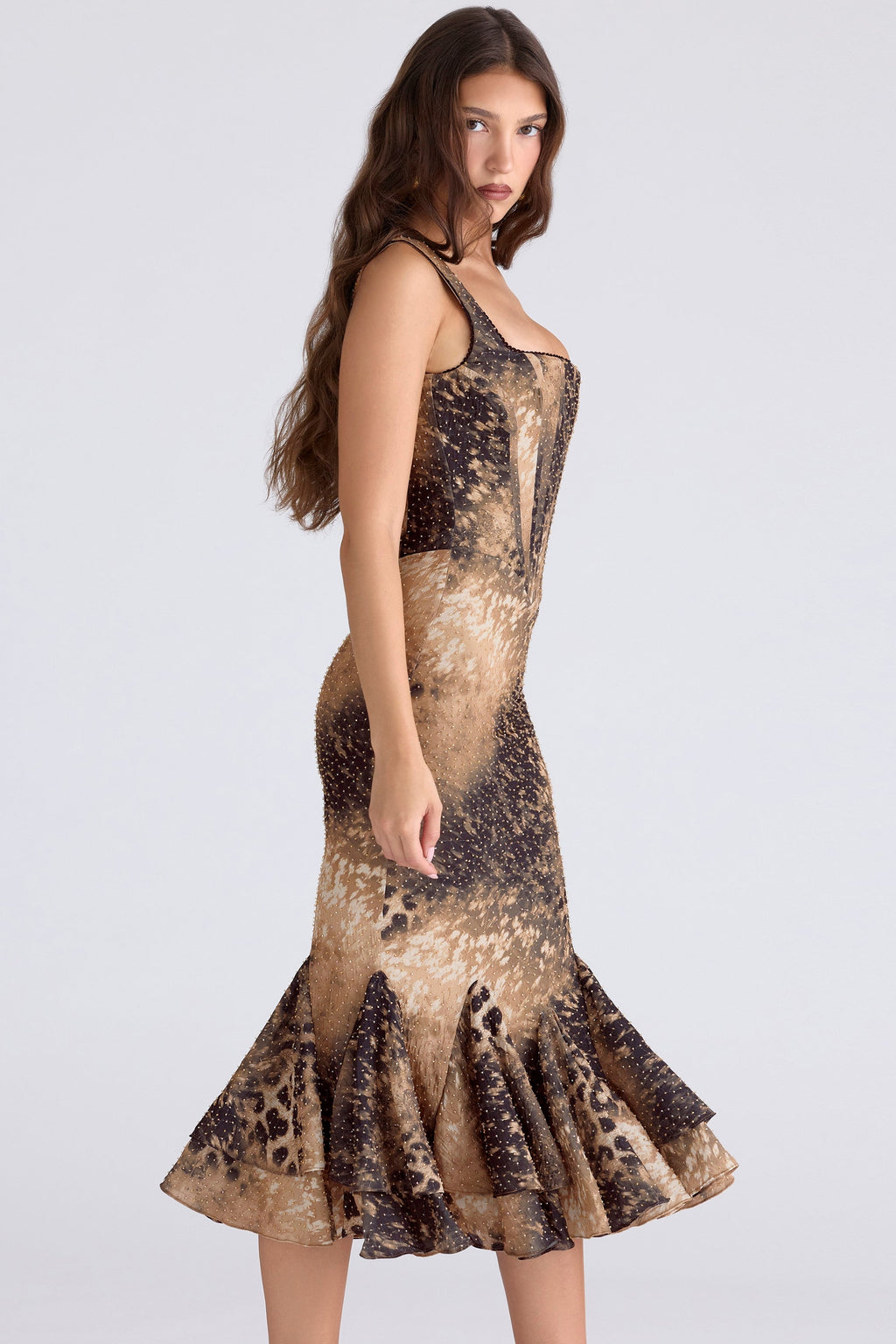 leopard print hand beaded embellished midi dress - limited edition
