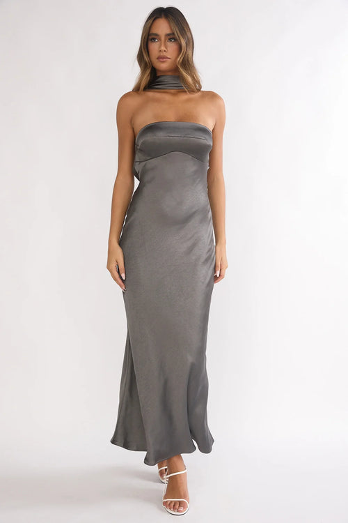 Damsel Reverse Halter Maxi Dress Satin Charcoal